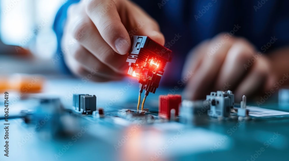 Aufkleber close-up of hands working with electronic circuit board. engineering and electronics concept.