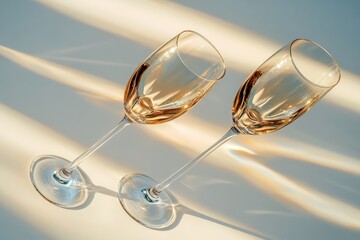 Elegant glasses of sparkling wine illuminated by soft sunlight on a neutral backdrop