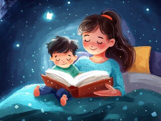 Mom reading a bedtime story to her child