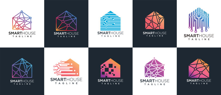 technology house logo design collection. set of vector house building technology logo templates