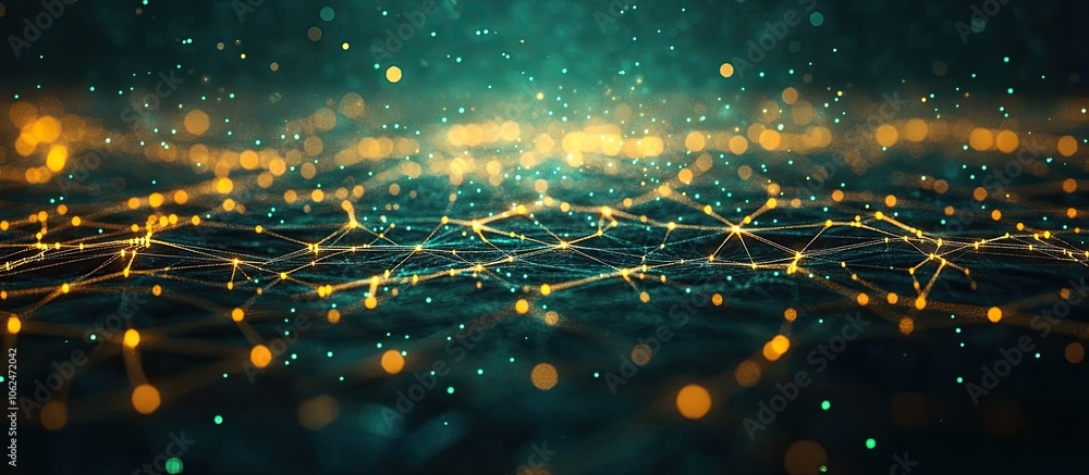 Poster abstract digital network background with glowing lines and particles.