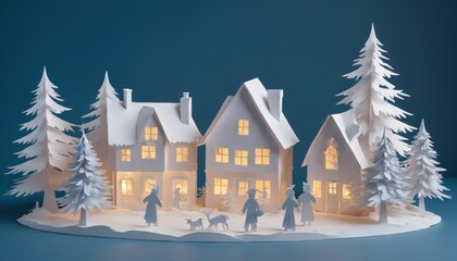 Delicate winter village crafted from paper, glowing warmly in the soft light of night with figures and pine trees