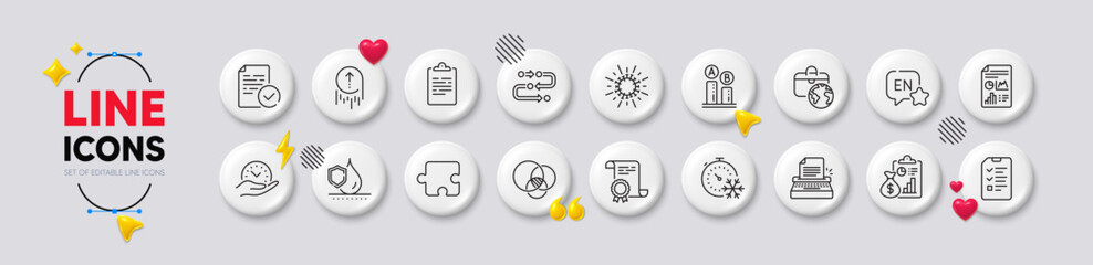 Report, Euler diagram and English line icons. White buttons 3d icons. Pack of Global business, Waterproof, Safe time icon. Coronavirus, Freezing timer, Methodology pictogram. Vector