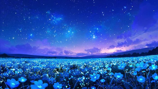 Enchanting Night Sky Over Flower Field Seamless Loop Background
