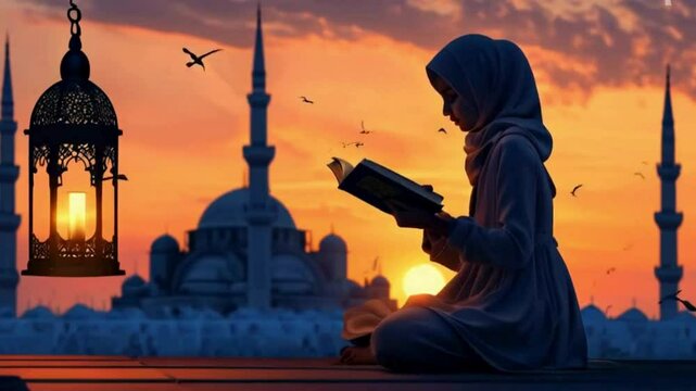 silhouette of a women reading Quran Pak in mosque at sunset