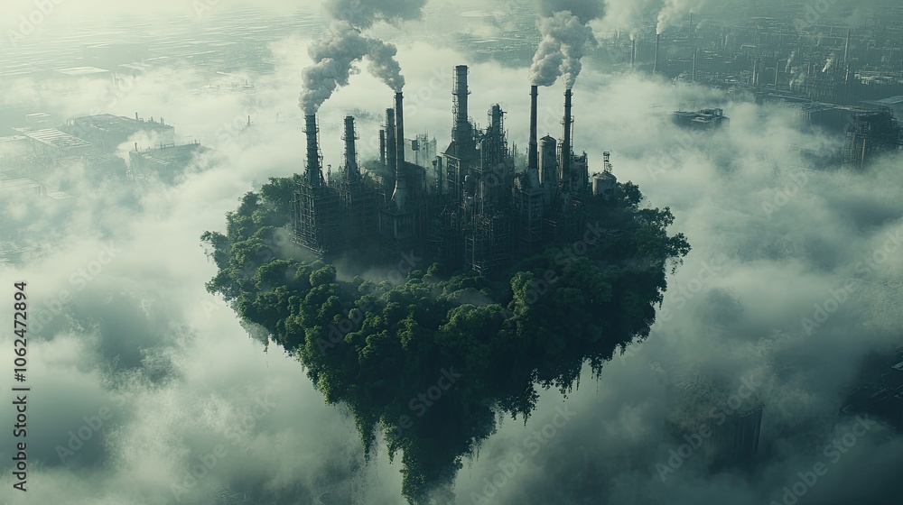 Poster a surreal cityscape with smoke stacks and an island of trees floating above a cloudy sky.