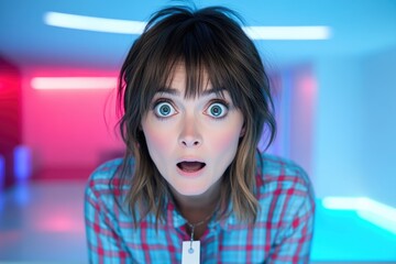 Surprised woman in colorful neon lit room expresses shock and amazement