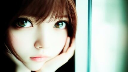 Captivating gaze of a young girl with intense green eyes by the window