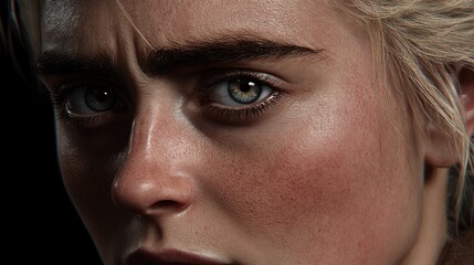 Naklejka premium Hyperrealistic close-up of intense female gaze with freckles and detailed skin texture