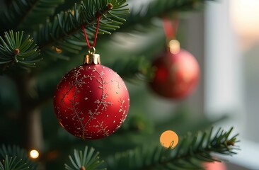 Red shiny ball with Christmas tree ornament. Ball for the Christmas tree.