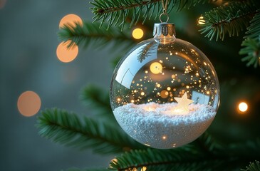 Christmas transparent ball with snow. New Year's souvenir with snow. Christmas tree toy with space for text.