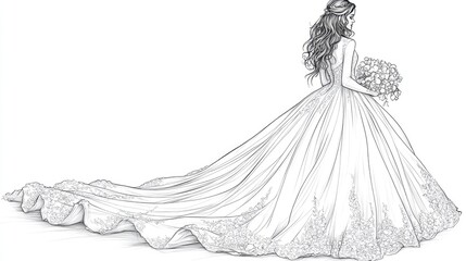 A beautiful bride in a flowing gown, with her hair in a graceful updo, holding a bouquet of flowers. She is facing away from the viewer, looking down at the flowers. 