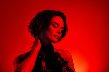 Photo of elegant alluring fancy woman enjoying night event occasion in red neon disco nightclub