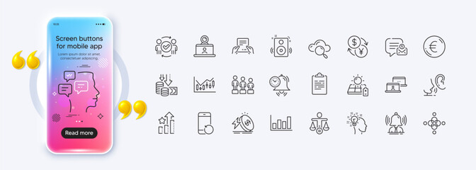 New message, Clipboard and Messages line icons for web app. Phone mockup gradient screen. Pack of Deflation, Video conference, Cloud computing pictogram icons. Vector