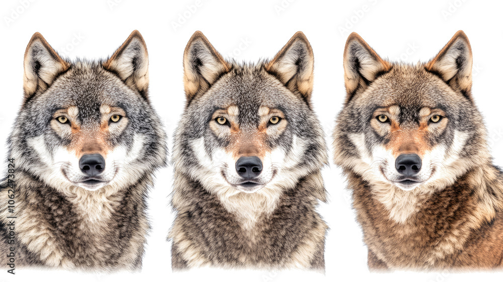 Poster scary wolves staring at viewer on white background generative ai