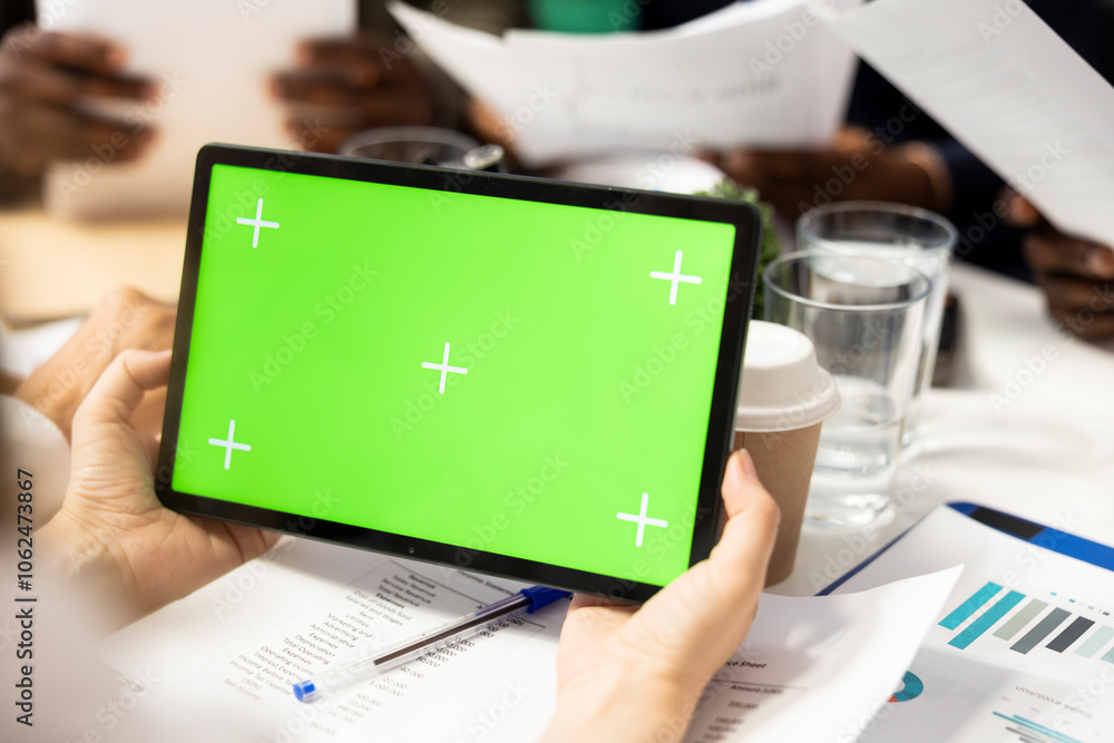 Poster business associates in a meeting using isolated chroma key display, working on resource allocation p