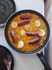 Spanish cuisine. Fabada. Beans with sausage