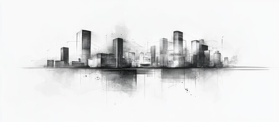 Abstract cityscape skyline with skyscrapers drawn in charcoal pencil on white paper.
