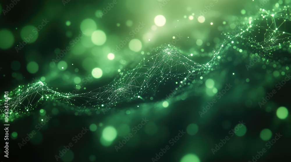 Poster abstract green background with glowing particles and a network of connected dots.