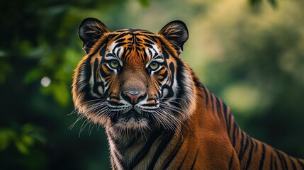 Fototapeta premium A close-up portrait of a majestic tiger with piercing eyes, showcasing its striking orange coat with black stripes and powerful jawline, set against a blurred jungle backdrop