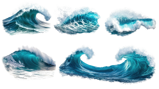 Collection of Various Sea Waves Captured on a Transparent Background Generative AI
