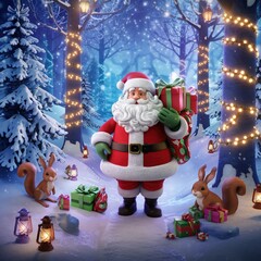 Santa Claus carries a sack of presents through a magical, snowy Christmas forest scene illuminated by festive string lights and lanterns.