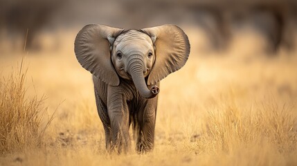 Fototapeta premium An intimate shot of a playful baby elephant, capturing its joyful expression and wrinkled skin texture, set against a natural backdrop of earthy tones and soft lighting