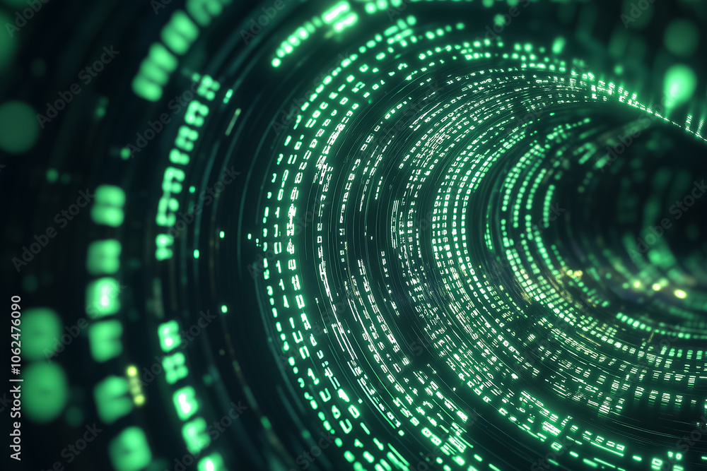 Poster a stunning visualization of flowing binary digits creating a vibrant tunnel effect, symbolizing digi