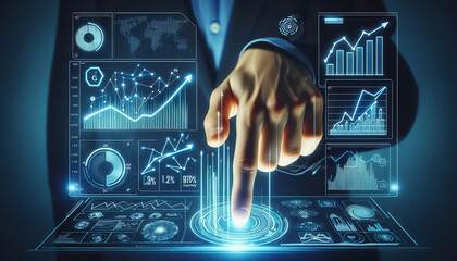 A hand interacts with futuristic holographic screens displaying various data analyses and graphs representing advanced technology.
