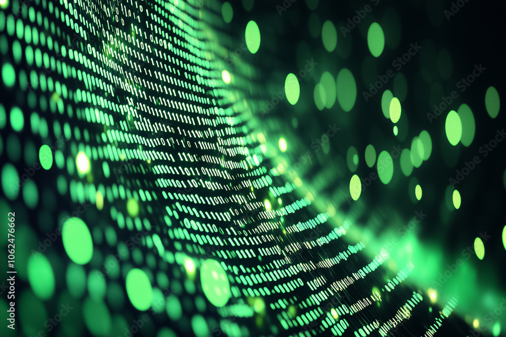 Poster a wave of luminous green binary code dances across a virtual backdrop, evoking a sense of digital wo
