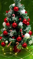 Miniature flocked Christmas tree adorned with bright red ornaments, white snowflakes, and candy canes, glowing against a vibrant green background.