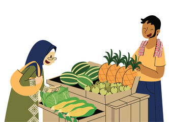 Asian Local Market Concept Illustrations. Old Lady is Choose Vegetables in Local Market Illustration