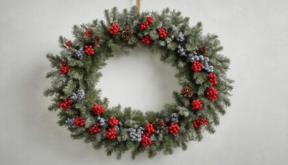 Festive oval wreath adorned with vibrant red berries and frosted greenery perfect for holiday decoration