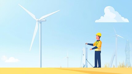 Energy Engineer Energy engineer setting up wind turbine parameters, renewable focus, no face, flat design illustration