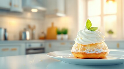 national cream puff day, on plate and kitchen background  