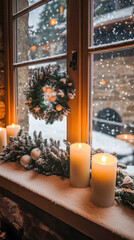 vertical image of a candle-lit window with a wreath and snow falling outside, suitable for mobile phone