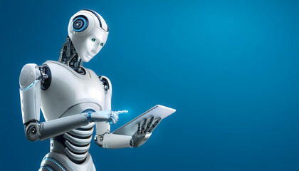 AI Robot using tablet floating or flying isolated on light blue background