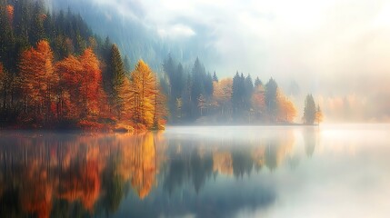 Abstract representation of a calm lake reflecting autumn foliage.