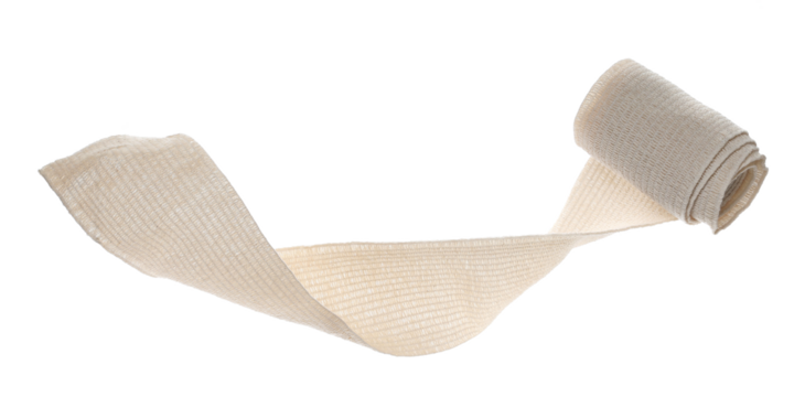 Elastic medical bandage roll flying, first aid isolated on white, clipping