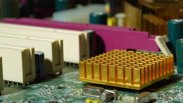 A detailed close-up of a microprocessor from the Windows XP era, showcasing the technology that powered a generation of personal computers. This nostalgic footage highlights the intricate circuitry