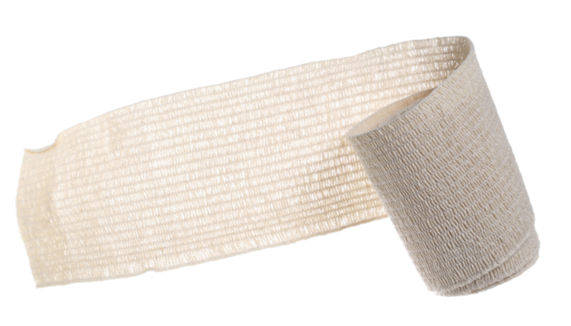 Elastic medical bandage roll flying, first aid isolated on white, top view