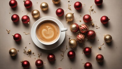 Cozy holiday coffee surrounded by festive decorations of red, gold, and green captures the spirit of winter joy