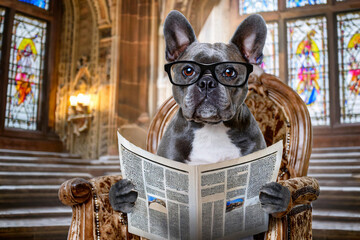 photograph of a dog with glasses sitting on a sofa, in a room with windows