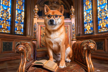 photograph of a dog with glasses sitting on a sofa, in a room with windows