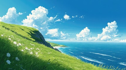 A peaceful seaside landscape shot with grassy hills sloping down to the ocean under a clear blue sky.