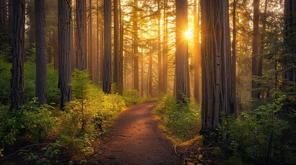 Obraz premium A peaceful forest pathway with sunlight streaming through the trees