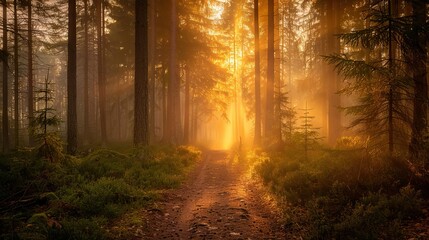 Fototapeta premium A calm forest trail with golden sunlight filtering through the foliage
