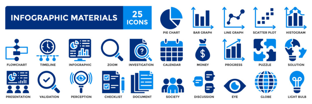 Infographic materials  icon collection set.Containing pie chart,bar graph,line graph,scatter plot,histogram icon.Simple flat vector illustration.