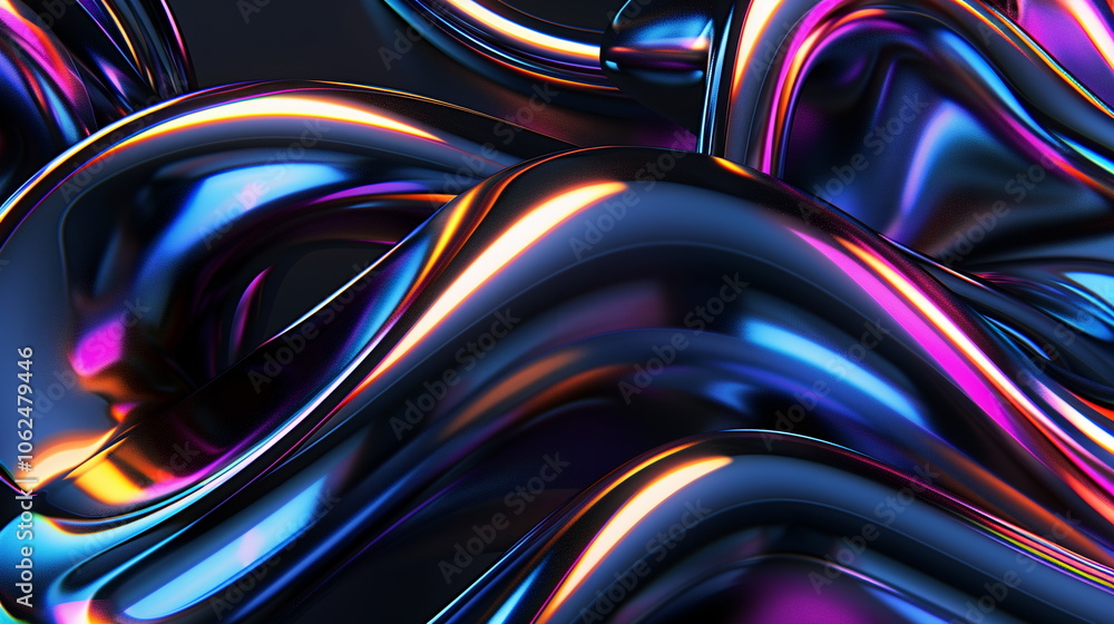 Poster 3d render of abstract futuristic glossy background with iridescent rainbow reflection on black, meta