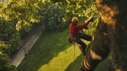 Photo of gardener in protective gear climbing a tree with a rope to assess branches for pruning.